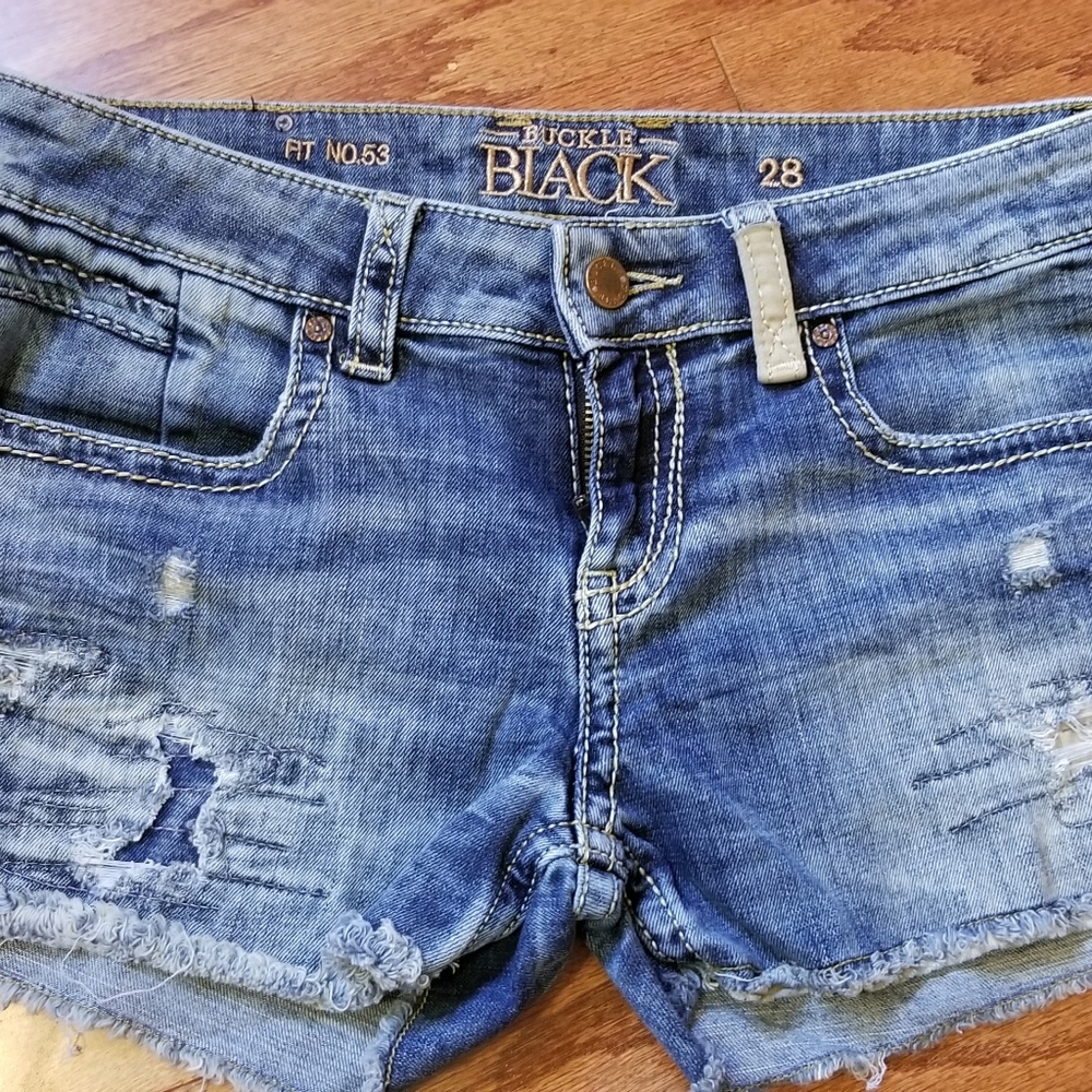 Buckle Black Distressed Short Shorts